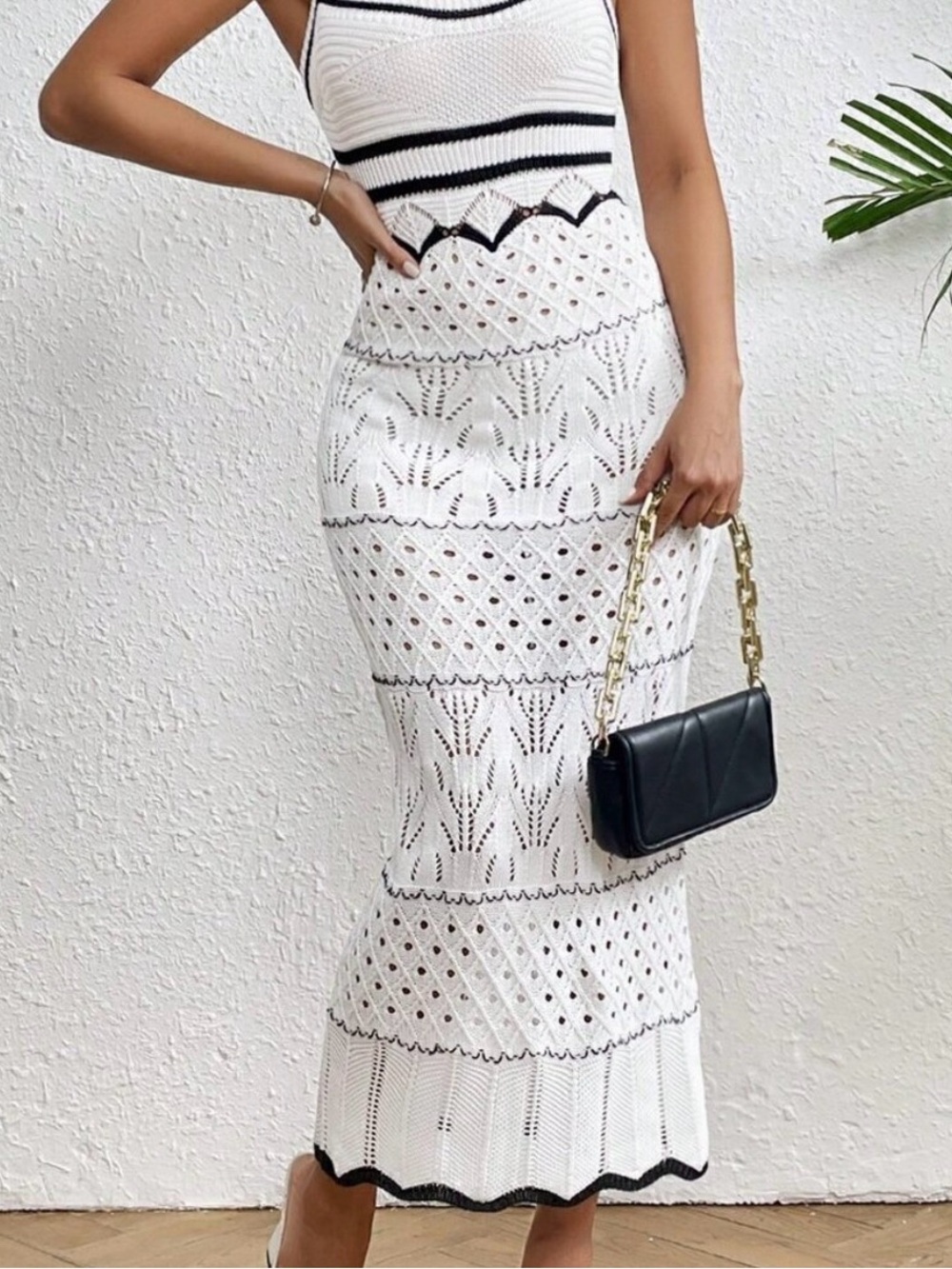 White Crochet Midi Skirt with Black Trim